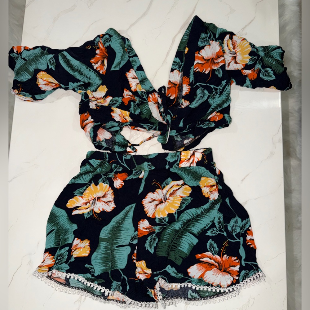 Fashion Nova Navy Floral Two-Piece Set with Green Leaves and Orange Flowers
